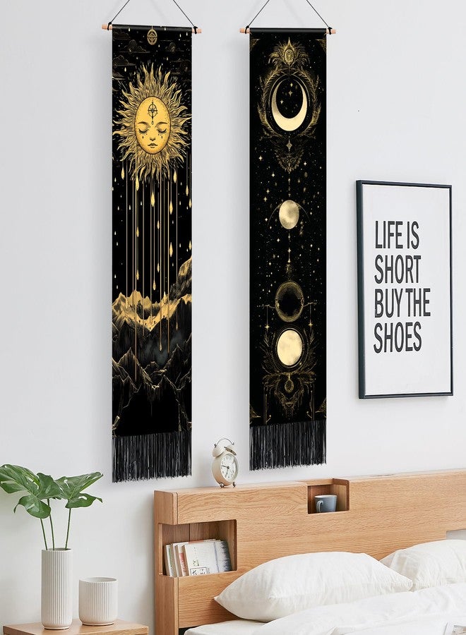 AOHMPT Pack of 2 Long Vertical Tapestry,Nature Landscape Tapestry with Serene Mountain River, Moon & Sun Motifs,Traditional Ink Painting Wall Art,Zen Aesthetic Wall Hanging for Living Room Bedroom Decor 13" W x 51" H" - Image 3